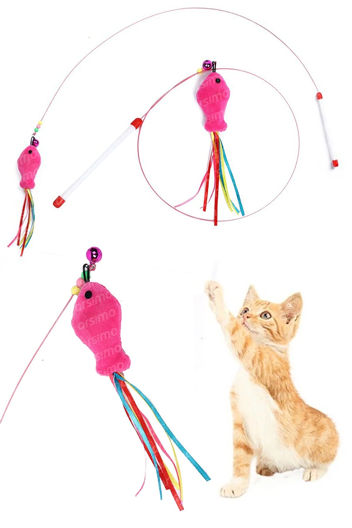 Balık Şekilli Kedi Oltası | Zilli Ve Boncuklu Kedi Oyun Oynama Oltası | Kedi Oyuncağı