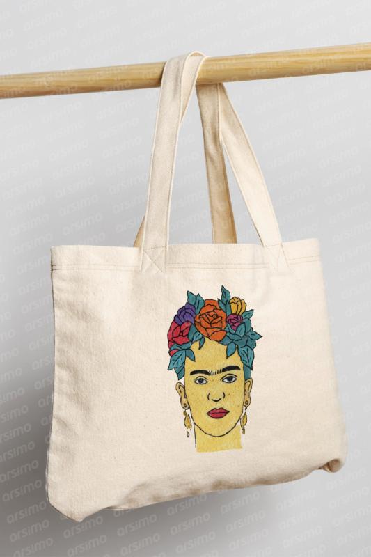 Büyük Boy El Yapımı Ham Bez Çanta Frida Figürlü