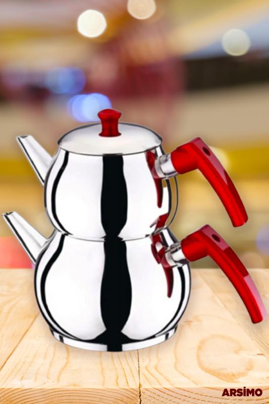 Çelik Mini Boy Kırmızı Kulplu Çaydanlık Takımı