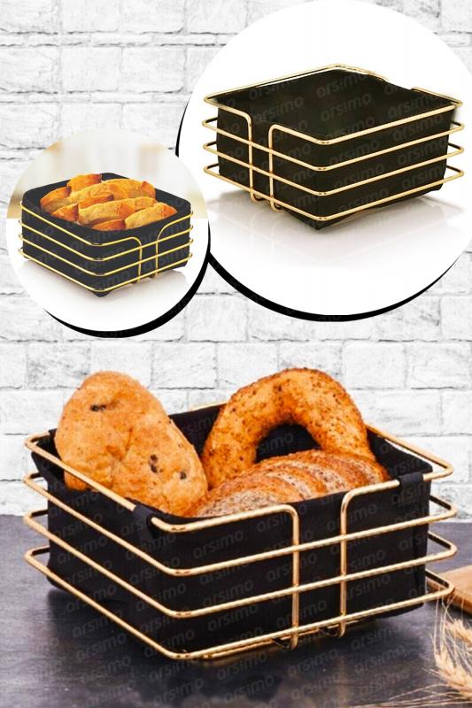 Lux Ekmeklik Kumaş Hazneli Ekmek Sepeti Paslanmaz Çelik Gold Kare 