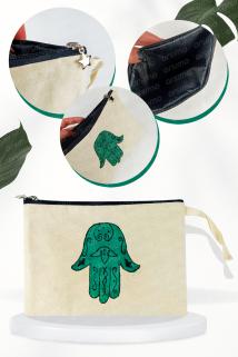 Clutch El Yapımı Kanvas Astarlı Bez Çanta Bereket Eli Figürlü Yeşil